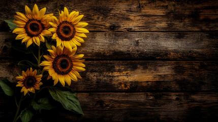 Obraz premium Sunflowers on an old wooden background, top view. Vintage rustic style with copy space
