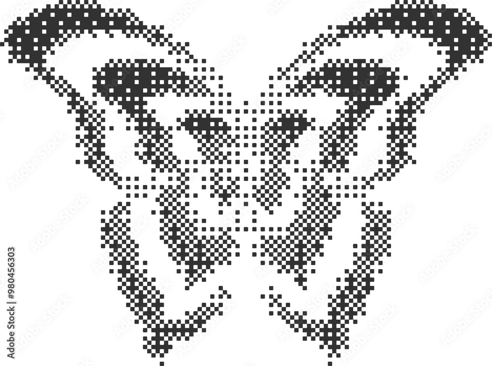 Poster Bitmap pattern abstract butterfly shape. Halftone gradient element. Graphic abstract icon. Dither noisy grunge texture.