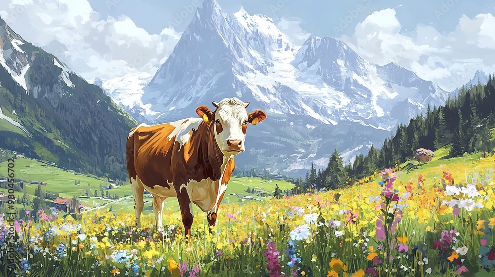 Canvas Prints A cow stands in a field of wildflowers, with snow-capped mountains in the background.