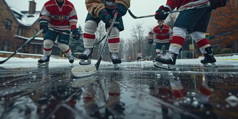 Hockey players engage in intense street game during winter along a suburban neighborhood