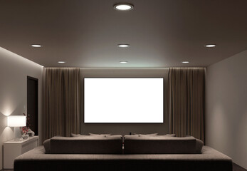 3d render screen mockup cozy minimalist movie room