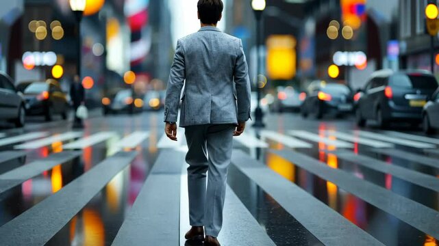Stylish man in suit striding confidently on urban street  powerful, successful, professional vibe.