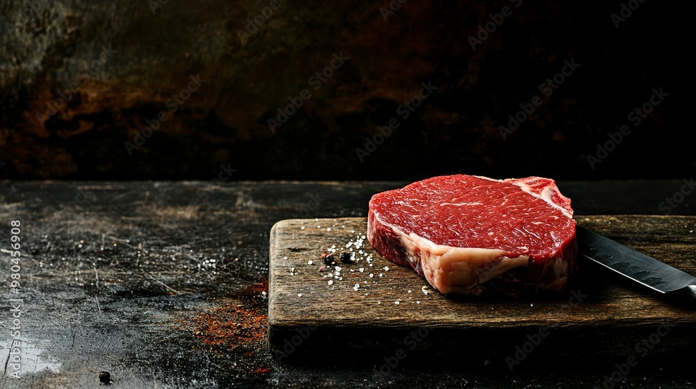 Wall mural Raw beef steak with a knife on a wooden board, against a dark background.