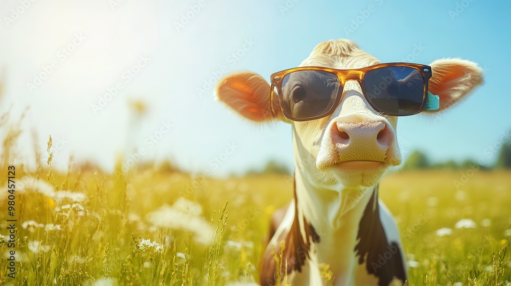 Poster A cow wearing sunglasses in a sunny meadow, exuding a cool and relaxed vibe.