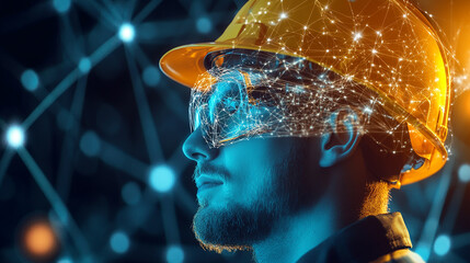 Double exposure Engineer hardhat integrates cloud-based platforms for global coordination of supply chain activities.