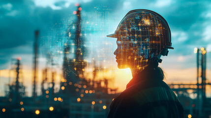 Double exposure Engineer hardhat integrates cloud-based platforms for global coordination of supply chain activities.