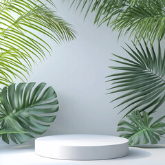 Fototapeta premium 3D rendering of white empty podium platform with palm leaf shadow, Empty scene for mock up