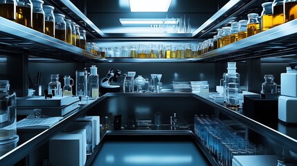 Obraz premium Precision in Science: A Stunning Poster of Neatly Arranged Liquid Samples in Brightly Lit Research Environment for Inspiring Innovation in Sports Interiors