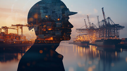Double exposure Engineer hardhat utilizes AI to optimize international shipping routes and reduce transit times.