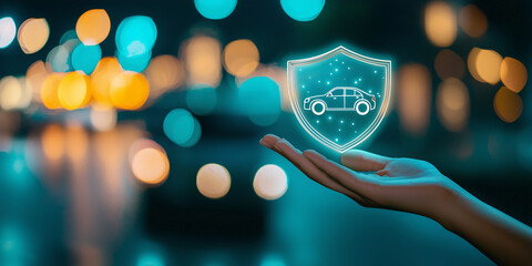 A hand holding a car shield icon against a blue bokeh background, illustrating the concept of automotive safety, security, insurance, and modern protection.