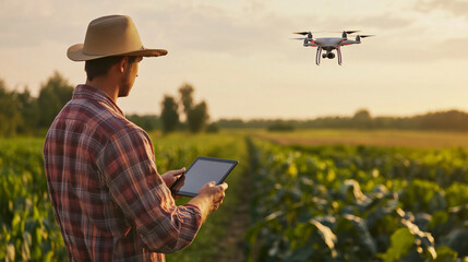A farmer wearing a hat using a tablet to control a drone flying over a field, representing modern technology in agriculture, precision farming, and smart farming techniques.