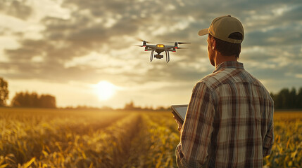 A farmer wearing a hat using a tablet to control a drone flying over a field, representing modern technology in agriculture, precision farming, and smart farming techniques.