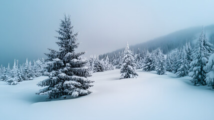 Fototapeta premium Panoramic Nature Winter background with snowy pine tree