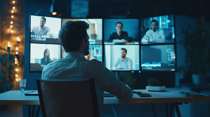A man in a white shirt conducting a virtual meeting with multiple participants displayed on large screens, representing remote communication, business meetings, and teamwork in a digital setting..
