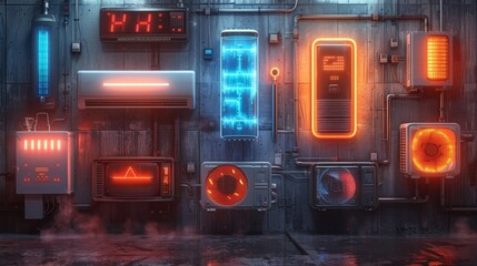 Obraz premium Develop a collection of neon climate control symbols, featuring shining
