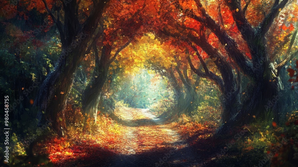 Leinwandbilder a serene forest pathway winds through towering trees adorned in vibrant autumn leaves. the warm ligh