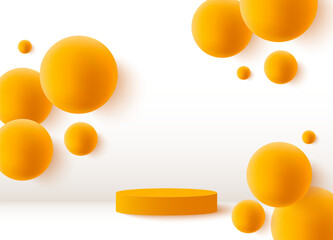 Abstract 3D podium background with orange 3D volumetric balls. Podium for product demonstration.