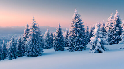 Fototapeta premium Pine trees covered with snow on frosty evening. Beautiful winter panorama