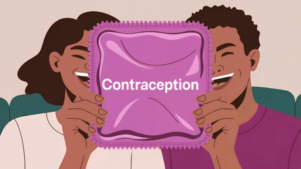 Couple holding large pink condom package. Modern illustration. Safe sex concept. Sexual health education. Awareness campaign for health services. Poster with copy space.