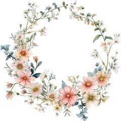 Watercolor Floral Wreath,circular wreath,watercolor wildflowers in pastel colors, perfect for festive and wedding designs.