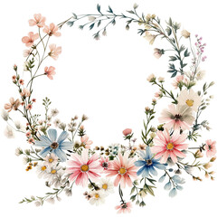 Watercolor Floral Wreath,circular wreath,watercolor wildflowers in pastel colors, perfect for festive and wedding designs.
