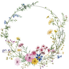 Watercolor Floral Wreath,circular wreath,watercolor wildflowers in pastel colors, perfect for festive and wedding designs.