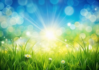 Fototapeta premium Vibrant sunny spring meadow with lush green grass, bright blue sky, and soft abstract bokeh background, providing ample space for creative textual overlays.