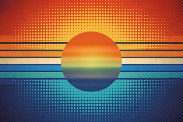 Vibrant retro-inspired background featuring a grainy, abstract orange and blue poster design with a bold, gradient header, evoking a nostalgic and playful atmosphere.