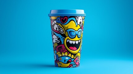 Obraz premium A coffee cup with a fun, colorful cartoon design stands out against a blue background.