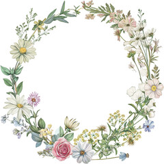 Watercolor Floral Wreath,circular wreath,watercolor wildflowers in pastel colors, perfect for festive and wedding designs.
