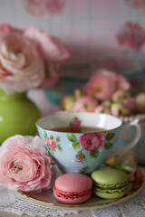 Tea Time with Macarons and Pink Flowers