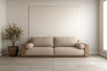 Fototapeta premium A cozy minimalist living room featuring a light beige sofa against a textured wall in bright natural light
