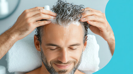 Naklejka premium A man enjoys a relaxing hair treatment, receiving a gentle scalp massage with a soothing shampoo for healthy hair.