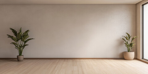 Bright and minimalistic interior design featuring two potted plants beside a large window in a spacious room