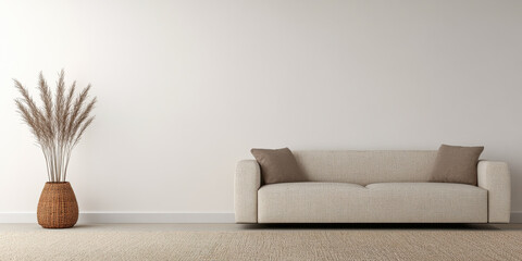 Cozy living room interior with a light beige sofa and decorative vase on beige carpet in a minimalist setting