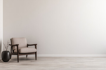 A cozy minimalist living room corner featuring a soft armchair and a sleek vase on a warm wooden floor in natural light