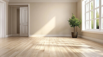 Obraz premium Classic empty room with big window, fireplace and herringbone wooden parquet floor, Empty room interior background.