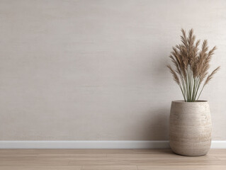 Fototapeta premium A minimalist interior featuring a simple beige vase with pampas grass against a neutral wall and wooden flooring in a spacious room