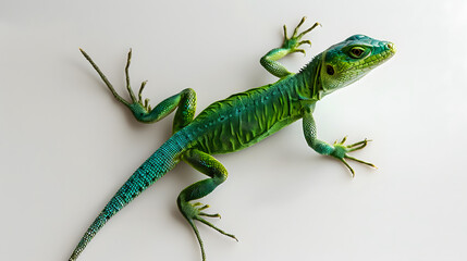 Fototapeta premium A top down view of a whole green lizard on a plain white surface