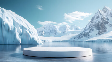 Product podium with an antarctica glacier mountain outdoors
