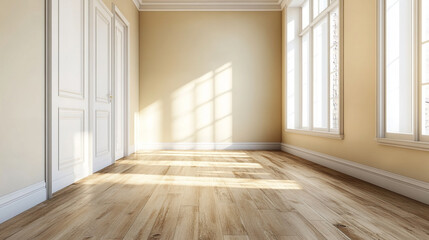empty interior room ,gray wall with wood shelf and Engineered wood flooring, Empty room interior background.