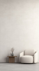 Modern minimalist living space featuring a cozy chair and a simple side table with decor elements in a softly lit environment