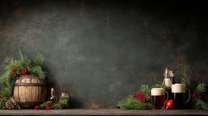 A rustic still life featuring a wooden barrel, beer mugs, and festive greenery, perfect for holiday-themed projects.