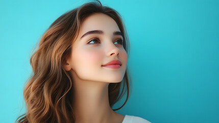 Naklejka premium Profile side view portrait of attractive cheerful girl demonstrating copy space ad new isolated over bright blue color background