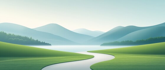 Serene landscape with a winding river surrounded by green hills and majestic mountains at dawn