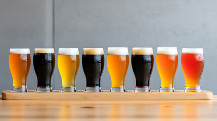A vibrant flight of craft beers showcasing diverse colors and styles, perfect for tasting events and brewery promotions.