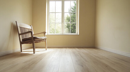 room with a window, empty room with wooden floor and wall.
