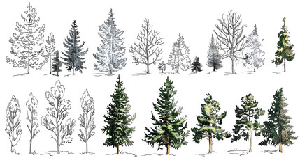 Fototapeta premium Set of coniferous and deciduous trees for architecture and landscape design, line drawing, contour. Vector illustration