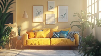 Stylish living room: wood accents, soft textiles, natural light, Scandinavian design.