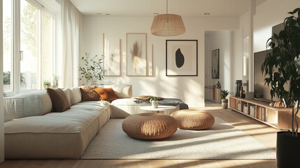 Cozy Scandinavian living room: neutral colors, airy space, natural textures, warm vibe.